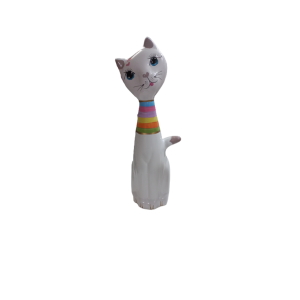 Gato Branco Decorativo Com Pescoço Colorido
